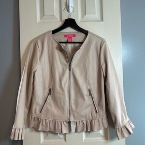 Catherine Malandrino Cream Leather Jacket with Ruffle Hem